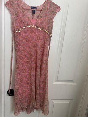 Lillie & Coho Pink Patterned Cap-Sleeve Dress with Sequin Trim